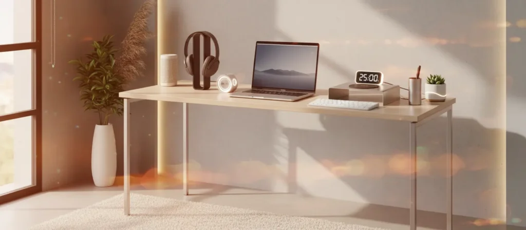 Modern minimalist workspace with Amazon desk accessories, laptop, wireless keyboard, noise-canceling headphones, smart speaker, and digital timer on a wooden desk — bright natural lighting, inspiring and productive atmosphere.