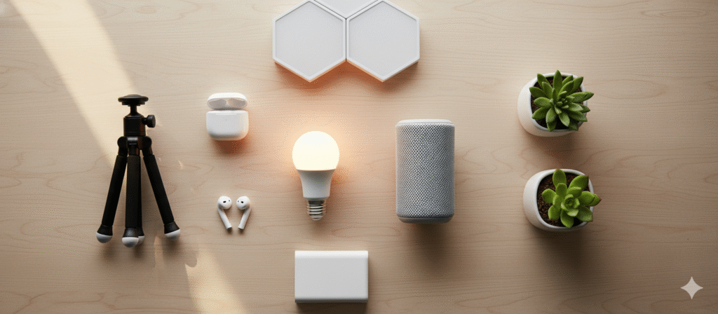 A flat lay of trending Amazon gadgets under $30, including a smart LED bulb, mini Bluetooth speaker, phone tripod, and stylish home decor items arranged on a wooden table.