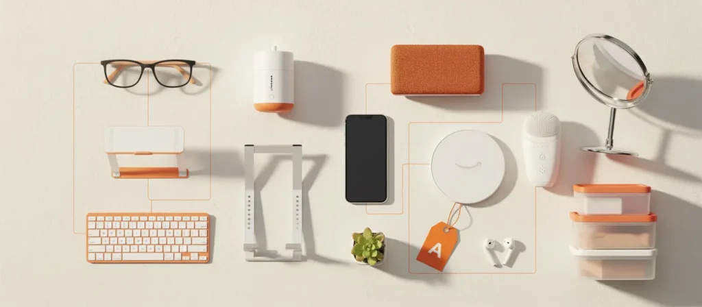 A flat-lay image showing trending Amazon products of 2025, including smart home gadgets, wireless chargers, and beauty devices, arranged neatly on a modern background with warm lighting.