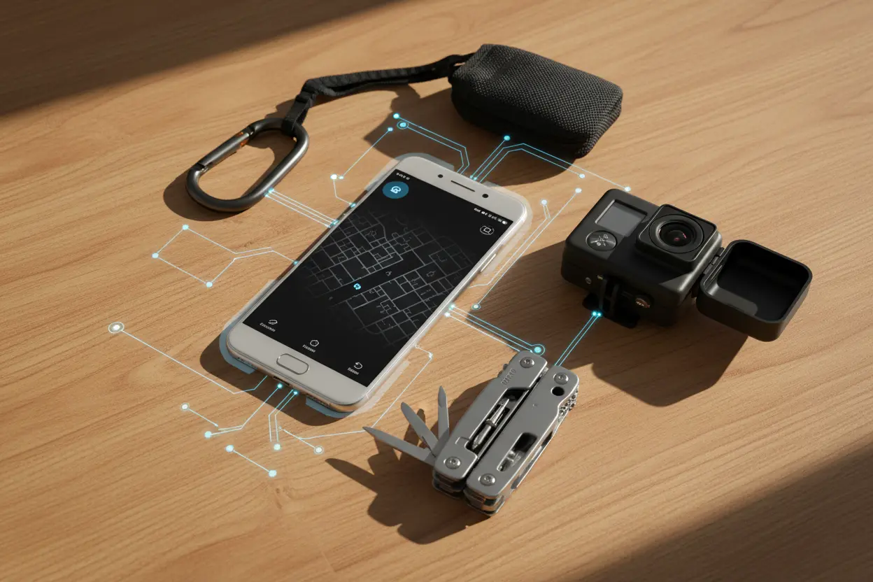 Flat lay of smart and lifestyle gadgets — smartphone, action camera, multitool, and carabiner on a wooden surface, symbolizing innovation, adventure, and modern smart living.