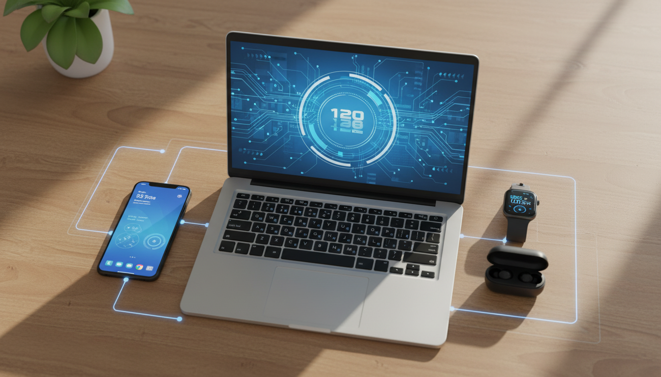 A laptop, smartwatch, smartphone, wireless earbuds, and charging case are neatly arranged on a wooden surface next to a leafy plant. The devices are all from the same brand, featuring a logo of a bitten apple.