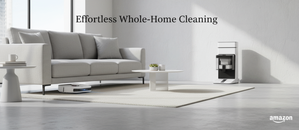 A clean, modern lifestyle promotional image featuring a slim robot vacuum cleaning effortlessly under a sofa in a bright, minimalist living room