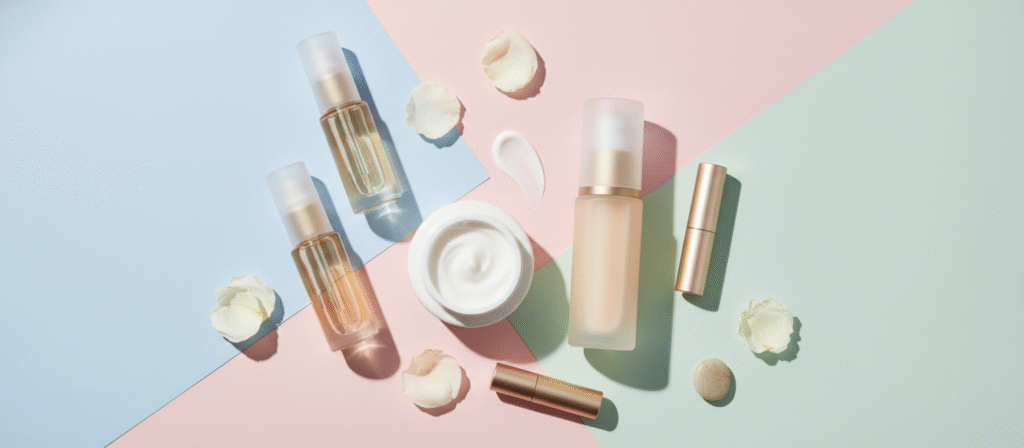 A flat lay composition of modern skincare products including serums, moisturizers, and creams arranged on a soft pastel background. The scene features elegant glass and matte containers illuminated by gentle, natural lighting, creating a clean and luxurious aesthetic perfect for a beauty blog header. No text or branding is visible in the image.