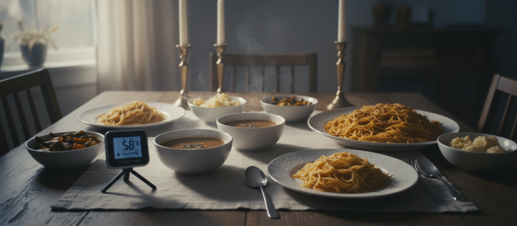 Dinner dishes losing warmth on the table — illustrating the problem of food turning cold.