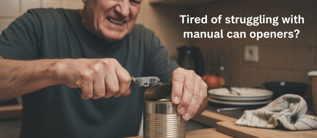 Person struggling to open a can with manual opener — hand strain and frustration.