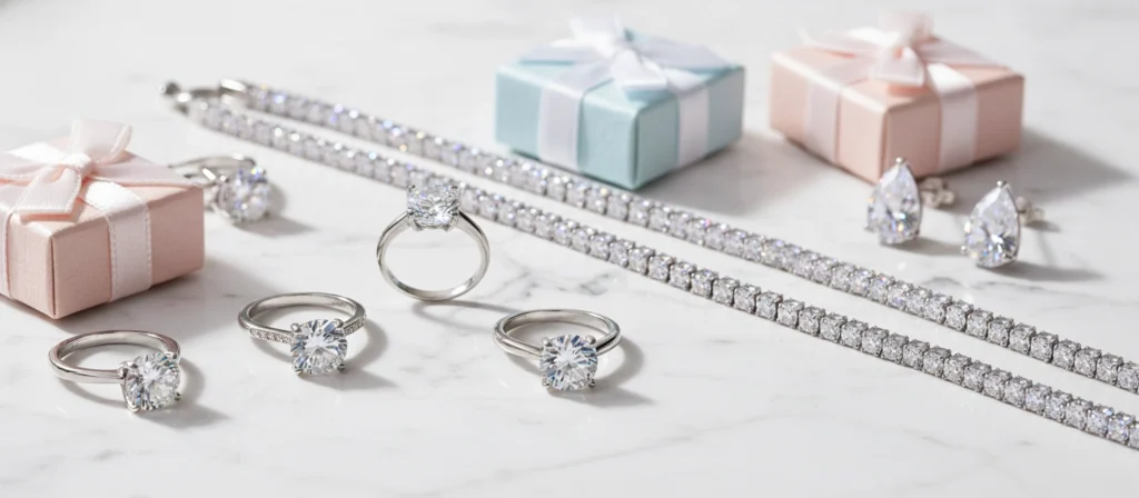 Luxurious moissanite engagement rings, tennis bracelets, and sterling silver wedding jewelry displayed in a bright minimal flat-lay for online shopping deals.