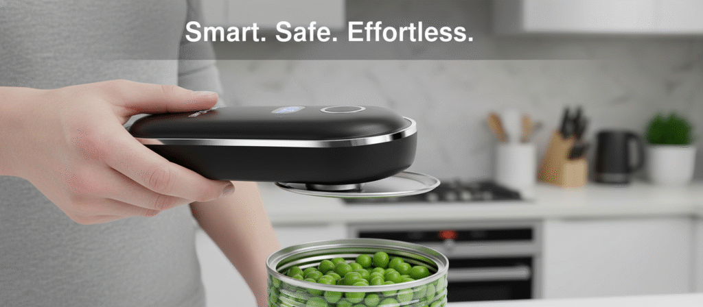 Hands-free can opening with ThriveCan rechargeable electric opener — smooth, safe, effortless.