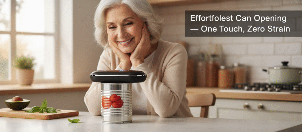 Effortless one-touch rechargeable electric can opener for smooth, safe can opening.