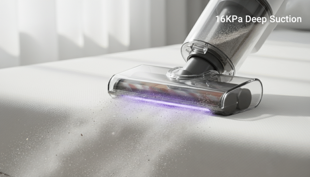 Deep suction removing dust from mattress fabric